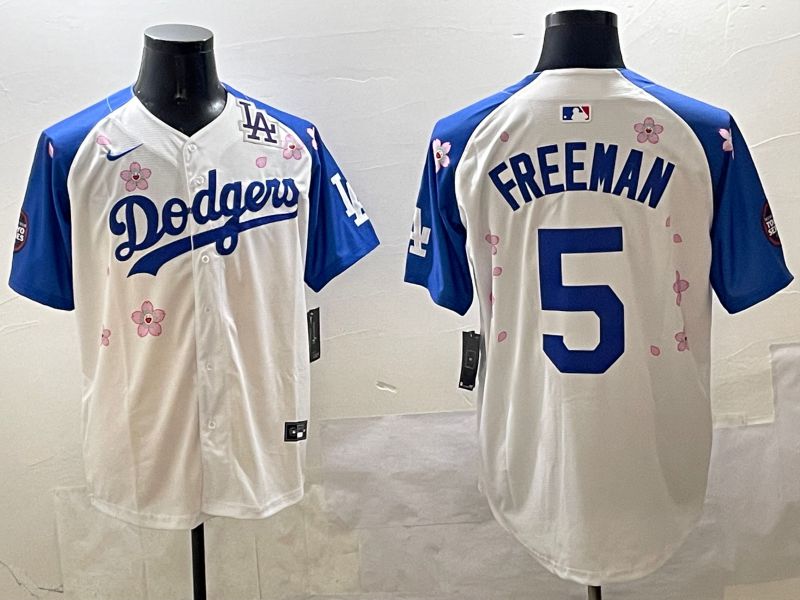 Men Los Angeles Dodgers #5 Freeman White Blue Sakura Edition 2025 Nike MLB Jersey style 5